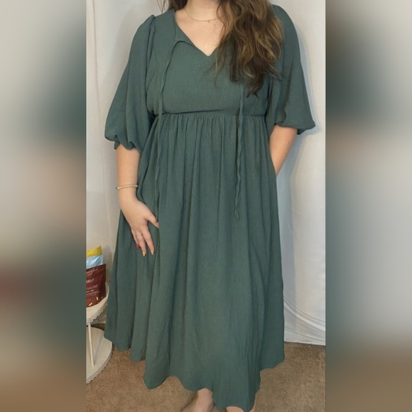 NWT R Collection Teal Empire Waist Crinkle Midi Dress w/pockets lined L/XL - Picture 1 of 8
